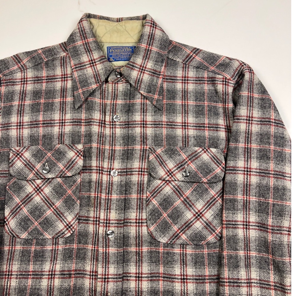 Pendleton Board Shirt Mens Medium Grey Red Plaid 100% Virgin Wool Made in USA